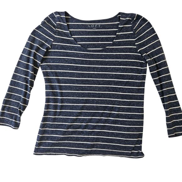 LOFT Blue Gray White Stripe Knit Nautical Stretch Top Size Womens XS / SMALL - Picture 2 of 6